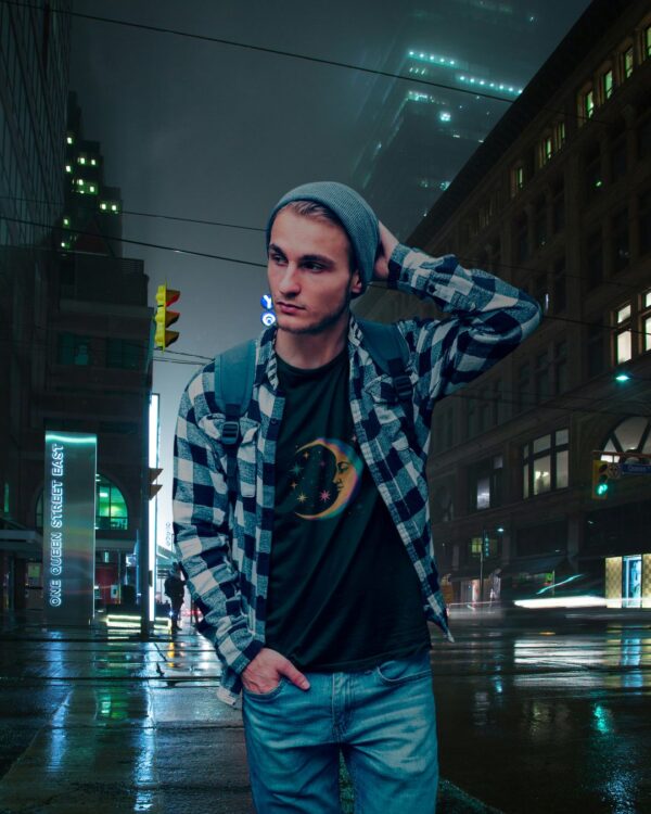 Cosmic Moon T-Shirt Celestial Art in Psychedelic Vintage Style - Image 2