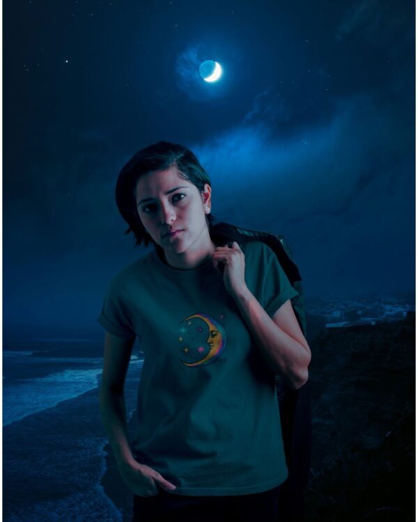 Cosmic Moon T-Shirt Celestial Art in Psychedelic Vintage Style - Image 3