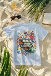 ALT TEXT: kindness flower t-shirt with colorful floral design and positive message on white shirt